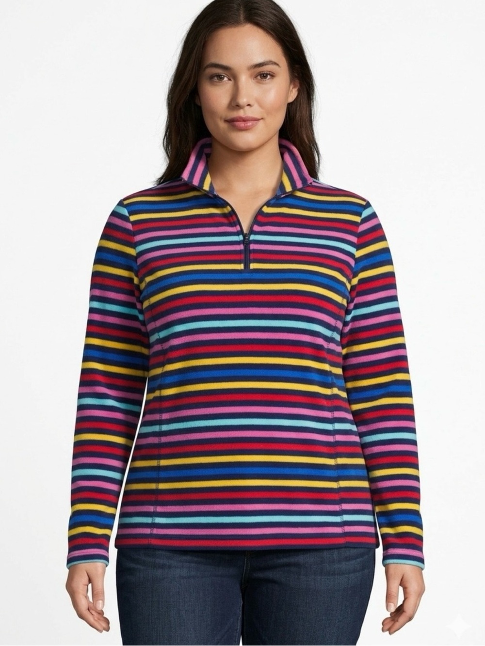Lands' End Rainbow Stripe Quarter Zip Fleece Pullover Size Small Colorblock